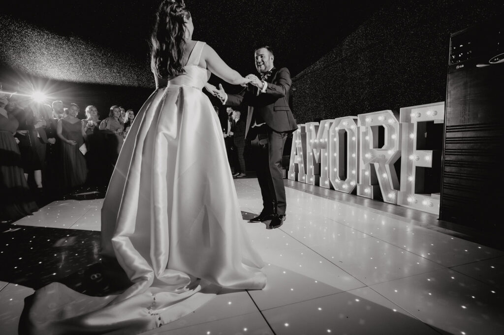 The first dance of the newly married couple at fennes wedding venue in Essex.