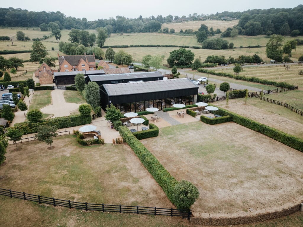 Aerial drone image of primrose hill wedding venue in the cotswolds