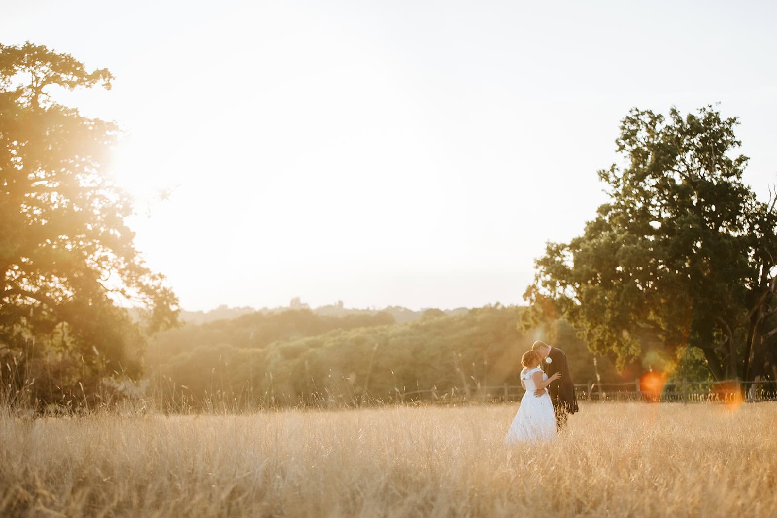 A bride and groom share a kiss in a golden wheat field at sunset at Gaynes Park wedding venue in Epping, Essex. The couple are silhouetted against a blazing golden sky, surrounded by tall grass and ancient oak trees as the sun drops toward the horizon. Photographed by Tel, Lily & White Photography, Gaynes Park wedding photographer.