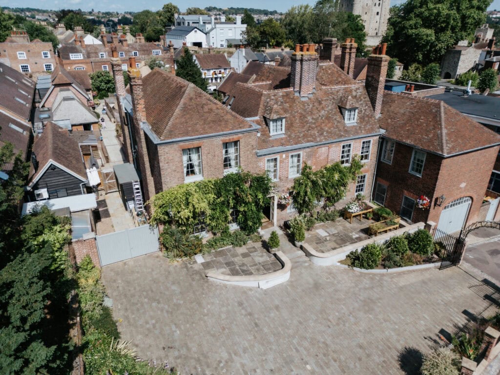 Aerial view of The Vines of Rochester wedding venue, a luxury boutique hotel in the heart of historic Kent
